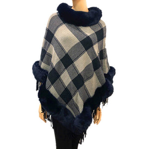 Navy Faux Fur Trim Knit Plaid Poncho Ruana, Navy Plaid Pattern with Faux Fur Trim Poncho Ruana, warm soft and elegant, great for any occasion, will become your favorite accessory