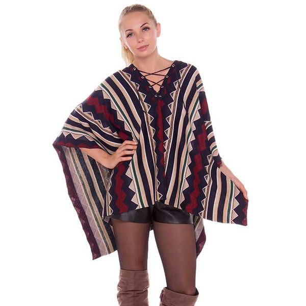 Navy Geometric Stripe Lace Up Detail Poncho. Wear this lightweight poncho on the beautiful beach to feel the fresh breath of the sun and sea breeze in your leisure time, or you go to the swimming pool, you also can wear it. The soft textured fabric floral poncho make you feel lightweight and comfortable to wear all day long. Great for dating, hanging out, vacation, holiday, outwear. Perfect Gift for Wife, Birthday, Holiday, Anniversary, Fun Night Out. 