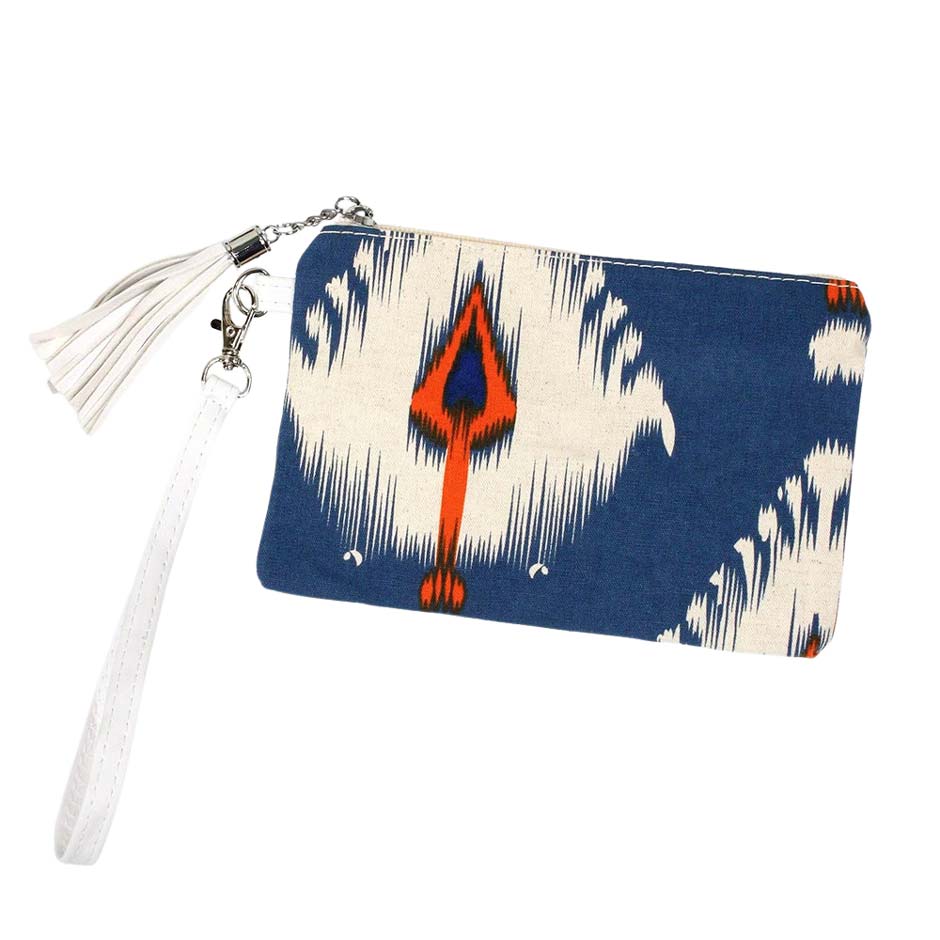 Navy Ikat Printed Wristlet Pouch Bag, this awesome ikat printed wristlet pouch bag goes with any outfit and shows your trendy choice to make you stand out. Perfect for carrying makeup, money, credit cards, keys or coins, etc. Comes with a wristlet for easy carrying. It's perfectly lightweight and simple, yet beautiful. Put it in your bag and find it quickly with its eye-catchy color.