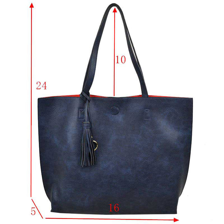 Navy Large Tote Reversible Shoulder Vegan Leather Tassel Handbag, High quality Vegan Leather is a luxurious and durable, Stay organized in style with this square-shaped shopper tote purse that is fully reversible for two contrasting interior and exterior solid colors. This vegan leather handbag includes an on-trend removable tassel embellishment. Guaranteed, This will be your go-to handbag. 