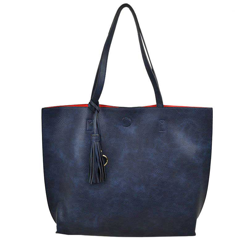 Navy Large Tote Reversible Shoulder Vegan Leather Tassel Handbag, High quality Vegan Leather is a luxurious and durable, Stay organized in style with this square-shaped shopper tote purse that is fully reversible for two contrasting interior and exterior solid colors. This vegan leather handbag includes an on-trend removable tassel embellishment. Guaranteed, This will be your go-to handbag. 