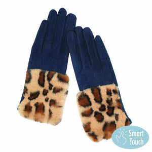 Navy Leopard Patterned Faux Fur Cuff Accented Soft Suede Smart Gloves, gives your look so much eye-catching texture w cool design, a cozy feel, fashionable, attractive, cute looking in winter season, these warm accessories allow you to use your phones. Perfect Birthday Gift, Valentine's Day Gift, Anniversary Gift.