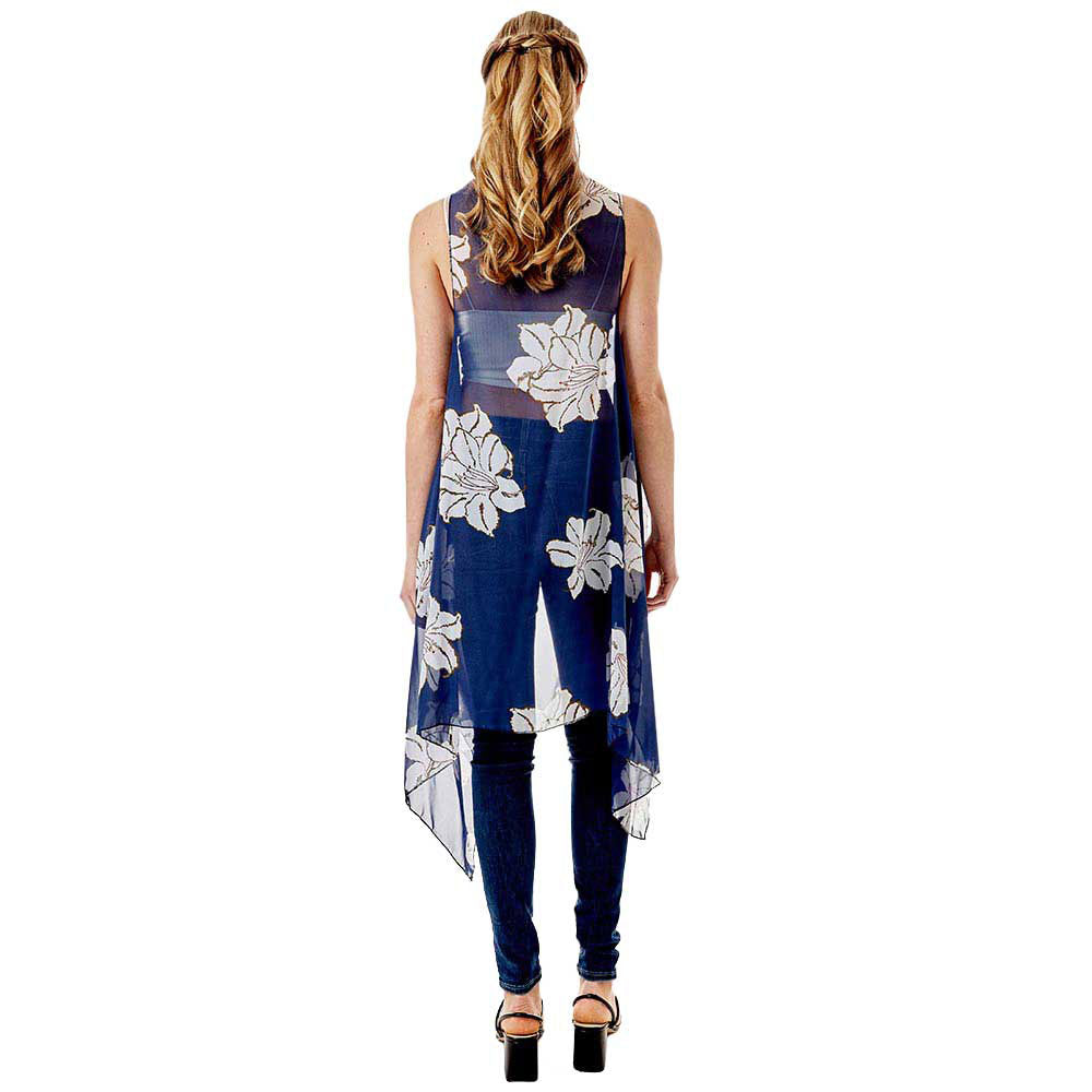 Navy Lily Flower Patterned Chiffon Cover Up Vest, The Luxurious, trendy, super soft lightweight Vest top is made of soft and breathable Polyester material. The Flower Patterned Chiffon Vest Cover up with open front design. Perfect Gift for Wife, Birthday, Holiday, Anniversary, Just Because Gift, Fun Night Out.