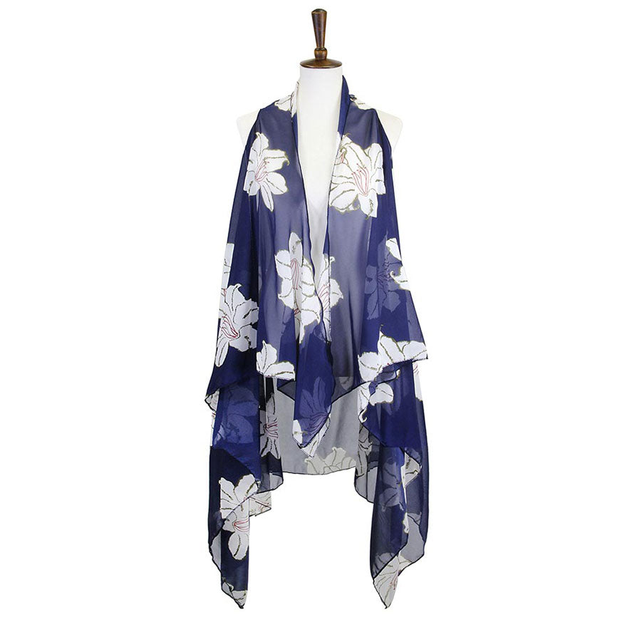 Navy Lily Flower Patterned Chiffon Cover Up Vest, The Luxurious, trendy, super soft lightweight Vest top is made of soft and breathable Polyester material. The Flower Patterned Chiffon Vest Cover up with open front design. Perfect Gift for Wife, Birthday, Holiday, Anniversary, Just Because Gift, Fun Night Out.