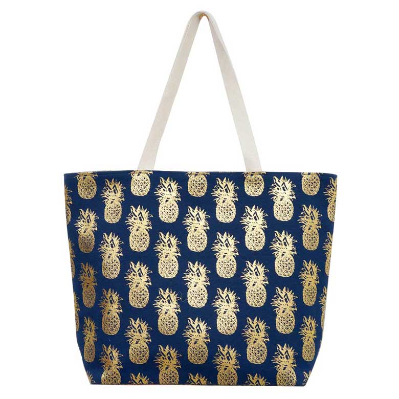 Navy Metallic Pineapple Patterned Beach Tote Bag, Whether you are out shopping, going to the pool or beach, this Pineapple patterned print tote bag is the perfect accessory. Perfectly lightweight to carry around all day. Spacious enough for carrying any and all of your seaside essentials. The soft straps really helps carrying this tie due shoulder bag comfortably. Perfect Birthday Gift, Anniversary Gift, Mother's Day Gift, Vacation Getaway or Any Other Events.