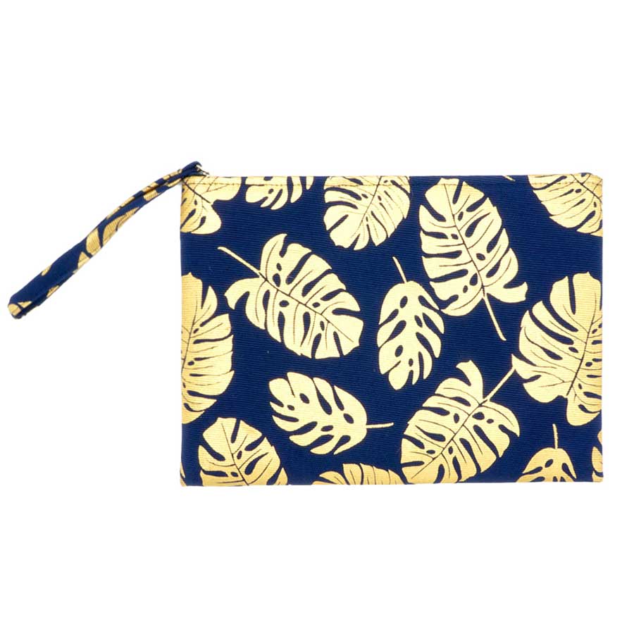 Navy Metallic Tropical Leaf Patterned Pouch Clutch Bag, look like the ultimate fashionista even when carrying a small pouch for your money or credit cards. Great for when you need something small to carry or drop in your bag. Perfect for grab and go errands, keep your keys handy & ready for opening doors as soon as you arrive.