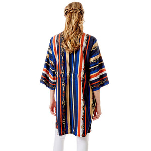 Navy Multi Color Stripe Cover Up Kimono Poncho, The lightweight Kimono poncho top is made of soft and breathable Polyester material. short sleeve swimsuit cover up with open front design, simple basic style, easy to put on and down. Perfect Gift for Wife, Mom, Birthday, Holiday, Anniversary, Fun Night Out.