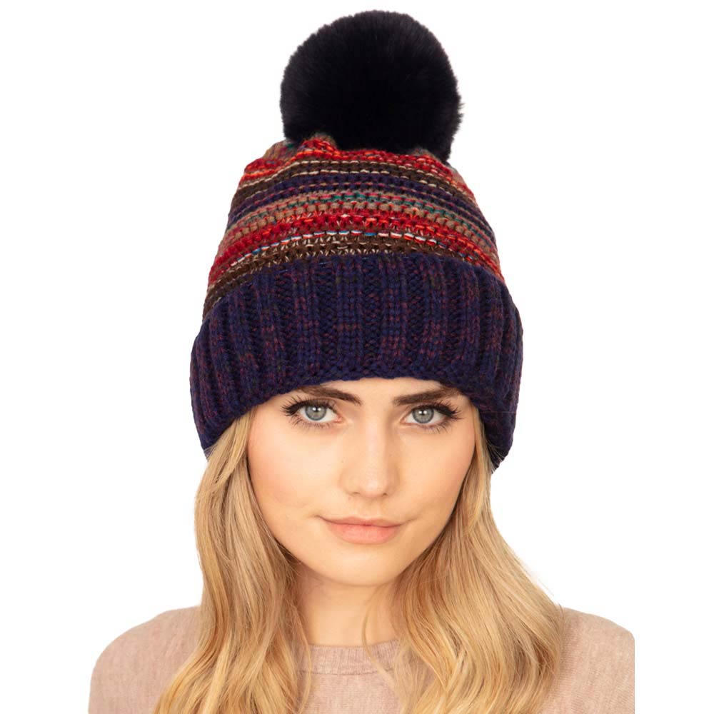 Navy Multi Colored Striped Fleece Pom Pom Beanie Hat Warm Fleece Lining Knit Beanie Winter Hat before running out the door into the cool air, you’ll want to reach for this toasty beanie to keep you incredibly warm. Accessorize the fun way with this faux fur pom pom hat, it's the autumnal touch you need to finish your outfit in style. Awesome winter gift accessory! Perfect Gift Birthday, Christmas, Stocking Stuffer, Secret Santa, Holiday, Anniversary, Valentine's Day, Loved One