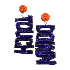 Navy Orange Felt Back Touch Down Message Beaded Dangle Earrings. Gift someone or yourself these ultra-chic earrings, they will take your look up a notch, these sports themed earrings versatile enough for wearing straight through the week, coordinate with any ensemble from business casual to wear, the perfect addition to every outfit. Perfect jewelry gift to expand a woman's fashion wardrobe with a modern, on trend style.