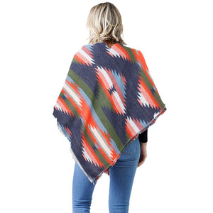 Navy Orange Western Pattern Jacquard Blanket Shawl. This lightweight shawl features a western pattern Jacquard printed design. It's a design that gives any outfit a unique look. The shape makes this scarf a versatile choice that can be worn in many ways. It'll definitely become a favorite in your accessories collection. Suitable for Holiday, Casual or any Occasions in Spring, winter and Autumn.