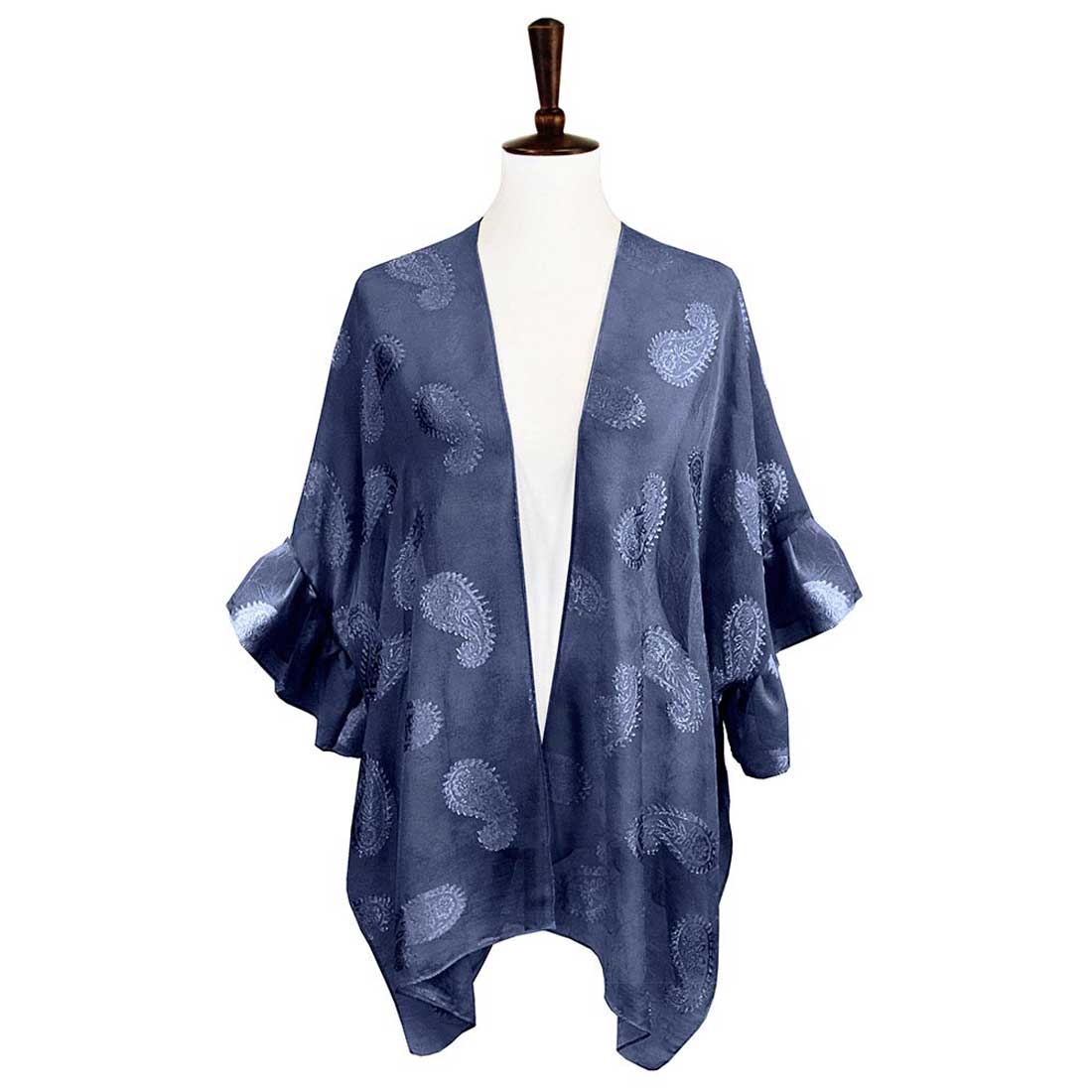 Navy Paisley Patterned Sheer Ruffle Sleeves Cover Up Kimono Poncho, The lightweight Kimono poncho top is made of soft and breathable Polyester material. short sleeve swimsuit cover up with open front design, simple basic style, easy to put on and down. Perfect Gift for Wife, Mom, Birthday, Holiday, Anniversary, Fun Night O
