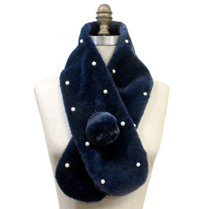 Navy Pearl Embellished Faux Fur Pom Pom Pull Through Scarf, accent your look with this soft, highly versatile plaid scarf. A rugged staple brings a classic look, adds a pop of color & completes your outfit, keeping you cozy & toasty. Perfect Gift Birthday, Holiday, Christmas, Anniversary, Valentine's Day