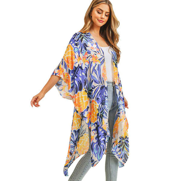 Green Pineapple Tropical Leaf Printed Cover Up Kimono Poncho. These Poncho featuring Pineapple design prints easy to pair with so many tops! open front and a flowy silhouette. Wear over your favourite blouse and slacks to show off your trendsetting style. Throw it over you bathing suit for quick cover-up at the beach or pool. Great for dating, hanging out, vacation, holiday, outwear. Perfect Gift for Wife, Birthday, Holiday, Anniversary, Fun Night Out. 
