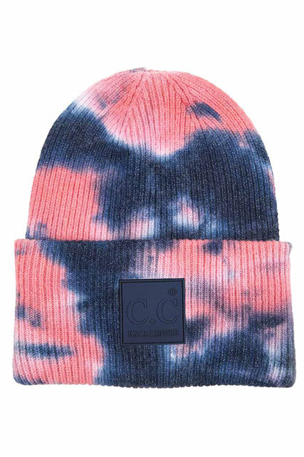 Navy Pink C.C Tie Dye Beanie With Rubber Patch, Before running out the door into the cool air, you’ll want to reach for this toasty beanie to keep you incredibly warm. Whenever you wear this beanie hat with you'll look like the ultimate stylist. Accessorize the fun way with this rubber patch hat, it's the autumnal touch you need to finish your outfit in style. 