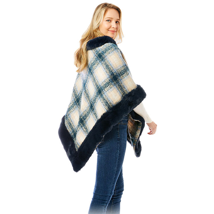Navy Plaid Check Patterned Faux Fur Trimmed Poncho, ensure your upper body stays perfectly toasty when the temperatures drop, the perfect accessory, luxurious, trendy, super soft chic capelet, keeps you warm and toasty. You can throw it on over so many pieces elevating any casual outfit! Perfect Gift Birthday, Anniversary, Christmas, Holiday, Valentine's Day or any Special Occasion.
