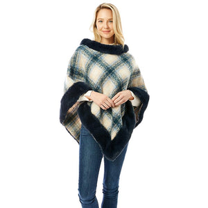 Navy Plaid Check Patterned Faux Fur Trimmed Poncho, ensure your upper body stays perfectly toasty when the temperatures drop, the perfect accessory, luxurious, trendy, super soft chic capelet, keeps you warm and toasty. You can throw it on over so many pieces elevating any casual outfit! Perfect Gift Birthday, Anniversary, Christmas, Holiday, Valentine's Day or any Special Occasion.