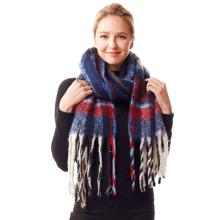 Navy Plaid Check Patterned Soft Fuzzy Knit Oblong Scarf, delicate, warm, on trend & fabulous, a luxe addition to any cold-weather ensemble. Great for daily wear in the cold winter to protect you against chill, classic infinity-style scarf & amps up the glamour with plush material that feels amazing snuggled up against your cheeks.