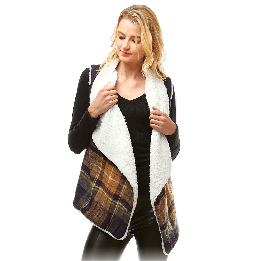 Navy Plaid Faux Fur Lining and Pocket Vest, the perfect accessory, luxurious, trendy, super soft chic capelet, keeps you warm and toasty. You can throw it on over so many pieces elevating any casual outfit! Perfect Gift for Wife, Mom, Birthday, Holiday, Christmas, Anniversary, Fun Night Out