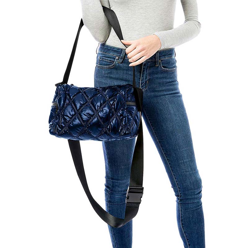 Navy Quilted Shiny Puffer Shoulder Crossbody Bag. Convertible bags are great for different activities including quick getaways, long weekends, picnics, beach, or even going to the gym! Works with any outfit and will always get compliments from others. Roomy enough to carry all of your essentials, etc.