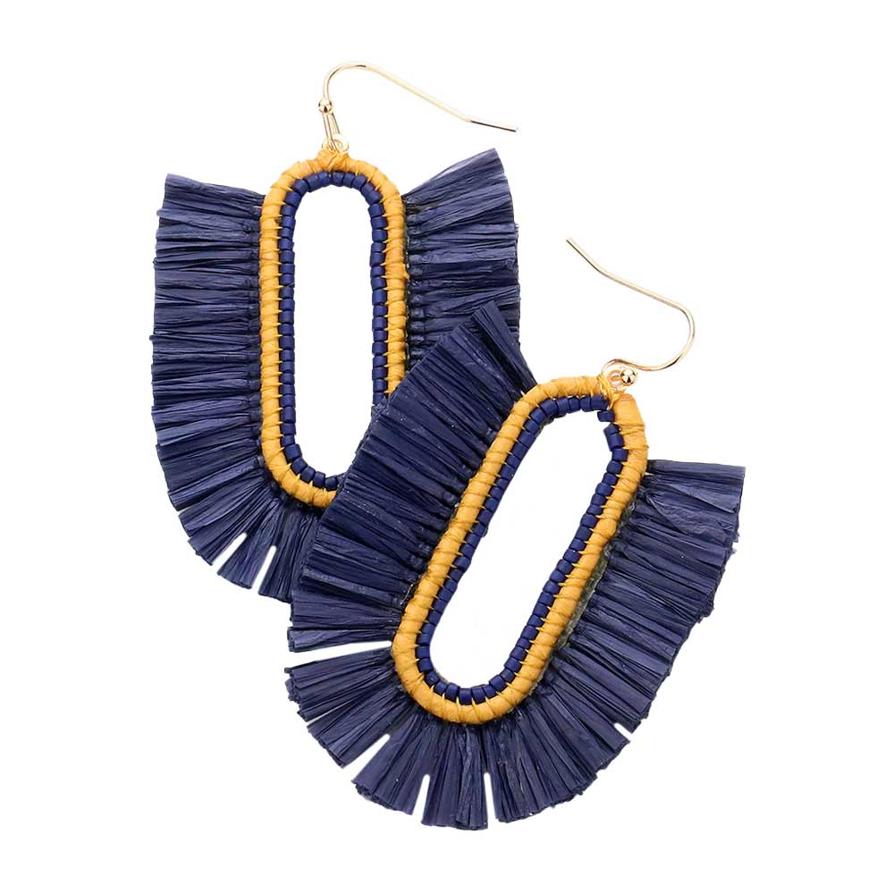 Navy Raffia Trimmed Dangle Earrings, enhance your attire with these beautiful dangle earrings to show off your fun trendsetting style. Can be worn with any daily wear such as shirts, dresses, T-shirts, etc. These raffia earrings will garner compliments all day long. Whether day or night, on vacation, or on a date, whether you're wearing a dress or a coat, these earrings will make you look more glamorous and beautiful.
