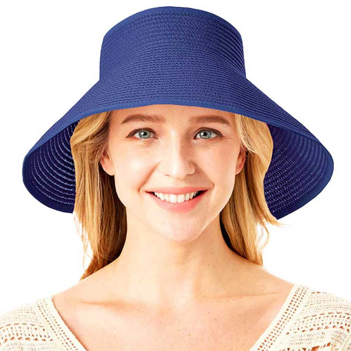 Navy Roll Up Foldable Large Brim Sun Visor Hat. Keep your styles on even when you are relaxing at the pool or playing at the beach. Large, comfortable, and perfect for keeping the sun off of your face, neck, and shoulders Perfect summer, beach accessory. Ideal for travelers who are on vacation or just spending some time in the great outdoors.