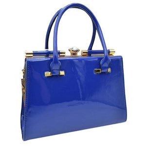 Navy Shiny Patent Leather Golden Hardware Shoulder Tote Bag, Design in a stylish silhouette. Crafted from shiny patent leather with golden hardware.Smooth push-lock closure. Flat bottom with protective studs. Wear it to add a chic punctuation to any look.