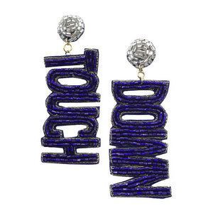 Navy Silver Felt Back Touch Down Message Beaded Dangle Earrings. Gift someone or yourself these ultra-chic earrings, they will take your look up a notch, these sports themed earrings versatile enough for wearing straight through the week, coordinate with any ensemble from business casual to wear, the perfect addition to every outfit. Perfect jewelry gift to expand a woman's fashion wardrobe with a modern, on trend style.