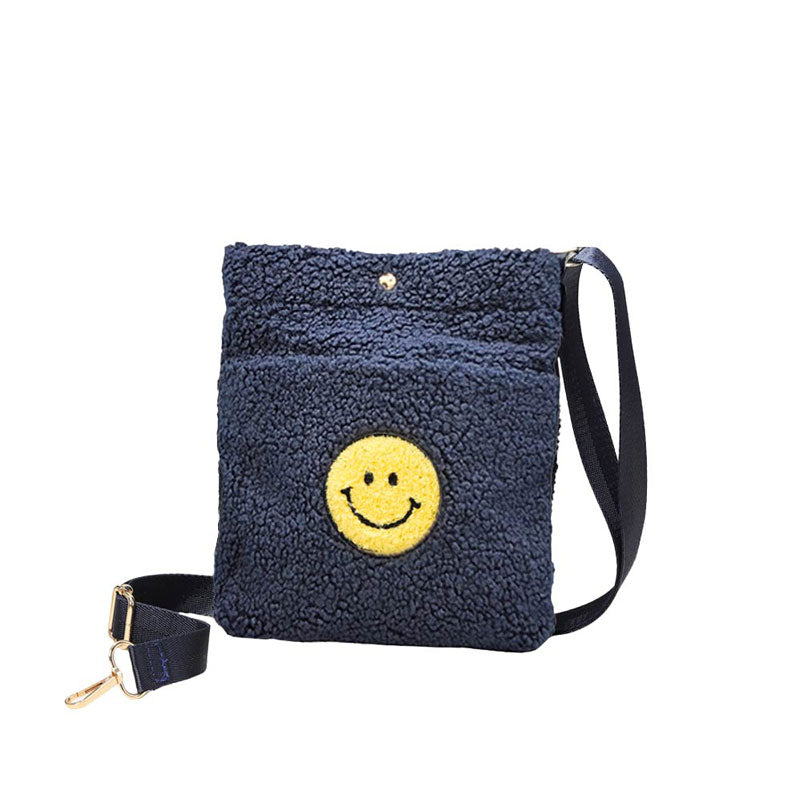 Navy Smile Pointed Sherpa Rectangle Crossbody Bag, This high quality smile crossbody bag is both unique and stylish. perfect for money, credit cards, keys or coins, comes with a belt for easy carrying, light and simple. Look like the ultimate fashionista carrying this trendy Smile Pointed Sherpa Rectangle Crossbody Bag!