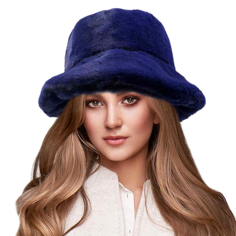 Navy Soft Faux Fur Bucket Hat, stay warm and cozy, protect yourself from the cold, this most recognizable look with remarkable bold, soft & chic bucket hat, features a rounded design with a short brim. The hat is foldable, great for daytime. Perfect Gift for cold weather; Black, Brown, Burgundy; 100% Acrylic;