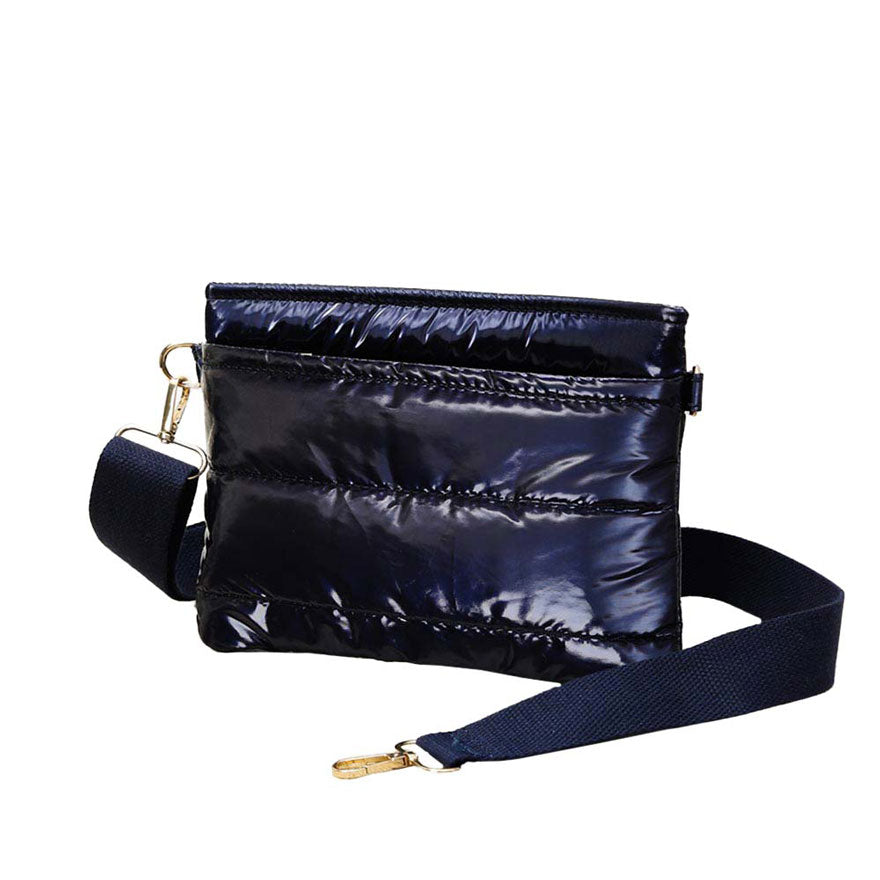 Navy Glossy Glossy Solid Puffer Crossbody Bag, Complete the look of any outfit on all occasions with this Shiny Puffer Crossbody Bag. This Puffer bag offers enough room for your essentials. With a One Front Zipper Pocket, One Back Zipper Pocket, and a Zipper closure at the top, this bag will be your new go-to! The zipper closure design ensures the safety of your property. The widened shoulder straps increase comfort and reduce the pressure on the shoulder.