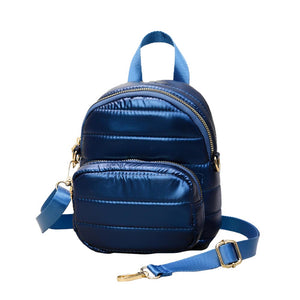 Navy Solid Puffer Mini Backpack Bag, Great for adding fashionable accents to your daily style. This mini bag offers enough room for your daily going essentials. It can hold your wallets, keys, cell phones, makeup and other small accessories and stuff. Mini size and lovely decoration make your look chic and fashionable. These beautiful and trendy backpacks have adjustable hand straps that make your life more comfortable.