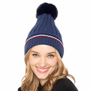 Navy Stripe Pointed Faux Fur Pom Pom Knit Beanie Hat; reach for this classic toasty hat to keep you nice n warm in the chilly winter weather, the wintry touch finish to your outfit. Perfect Gift Birthday, Christmas, Holiday, Anniversary, Stocking Stuffer, Secret Santa, Valentine's Day, Loved One, BFF