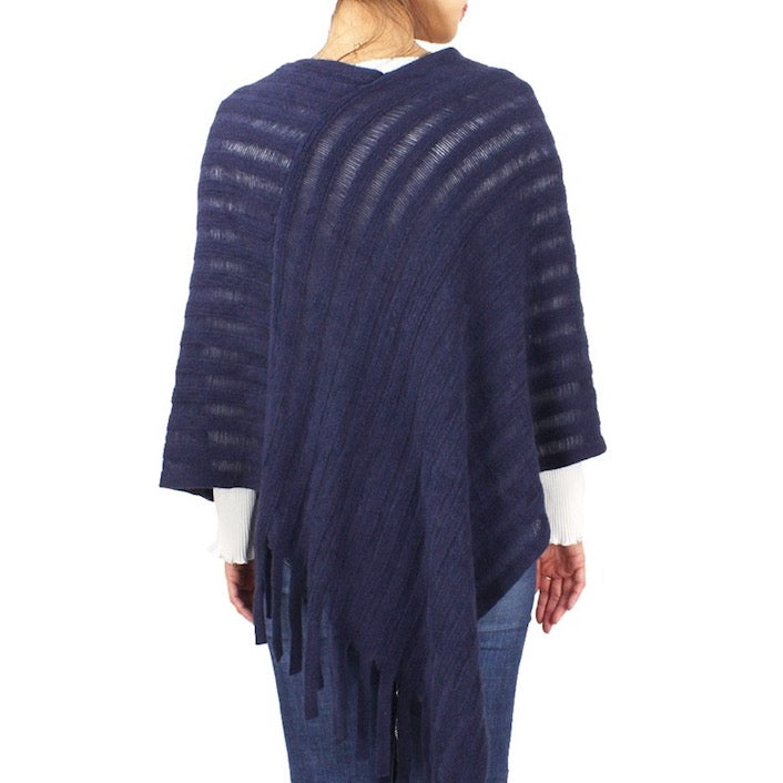 Navy Stripe Texture Fringe Detailed Knit Shawl Cape Poncho Outwear Cover Up, the perfect accessory, luxurious, trendy, super soft chic capelet, keeps you warm & toasty. You can throw it on over so many pieces elevating any casual outfit! Perfect Gift Birthday, Holiday, Christmas, Anniversary, Wife, Mom, Special Occasion