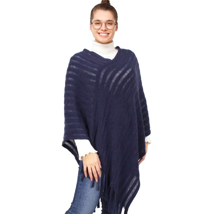 Navy Stripe Texture Fringe Detailed Knit Shawl Cape Poncho Outwear Cover Up, the perfect accessory, luxurious, trendy, super soft chic capelet, keeps you warm & toasty. You can throw it on over so many pieces elevating any casual outfit! Perfect Gift Birthday, Holiday, Christmas, Anniversary, Wife, Mom, Special Occasion