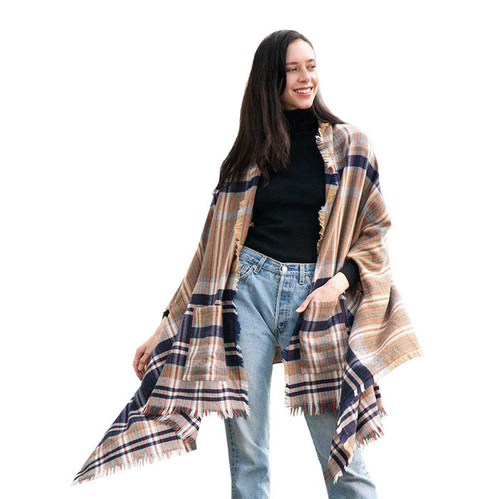 Navy Tartan Check Front Pocket Poncho, is the perfect accessory to represent your beauty with comfortability. This sophisticated, flattering, and cozy poncho drapes beautifully for a relaxed, pulled-together look. A perfect gift accessory for your friends, family, and nearest and dearest ones. Suitable for Weekend, Work, Holiday, Beach, Party, Club, Night, Evening, Date, Casual and Other Occasions in Spring, Summer, and Autumn.