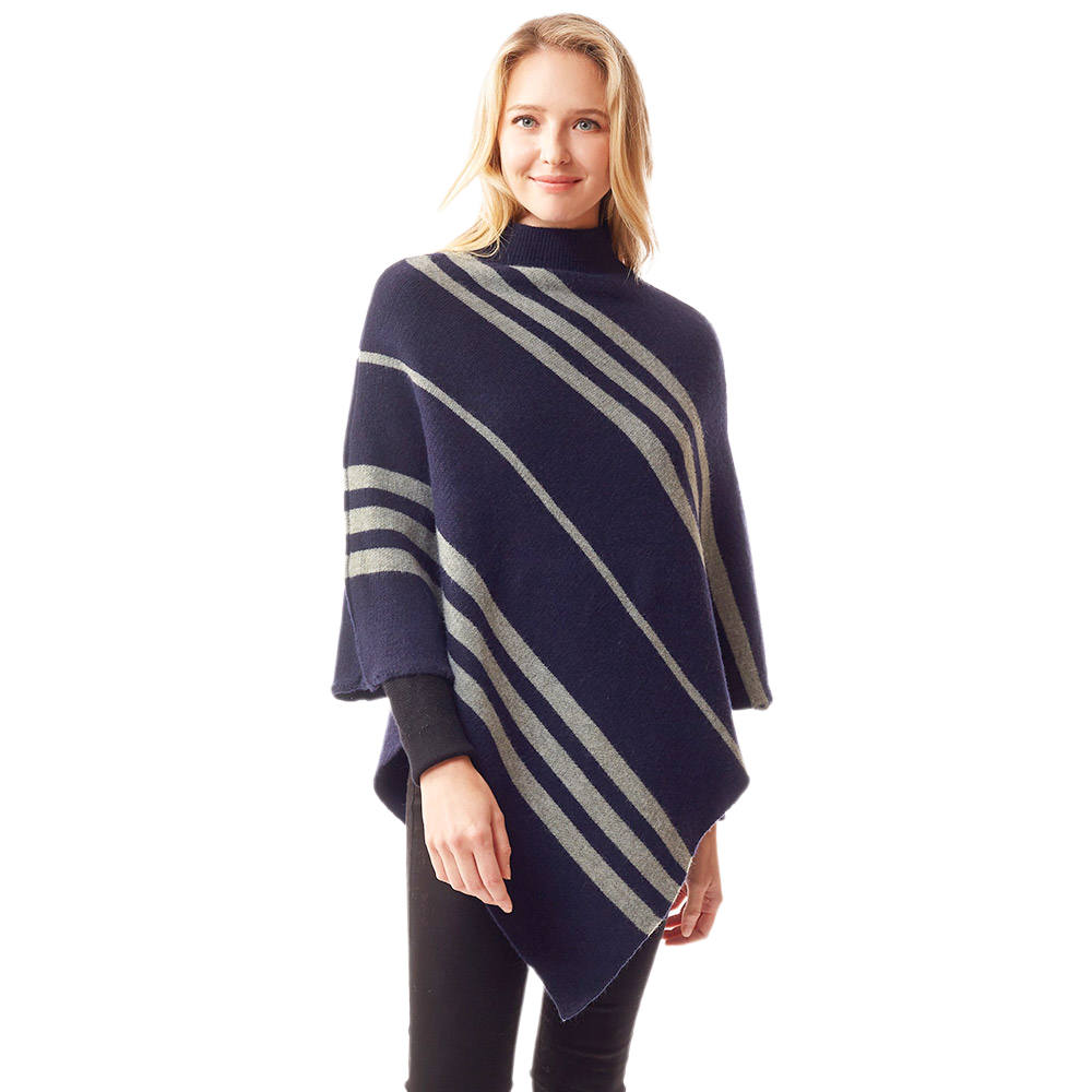 Navy Vertical Striped Turtle Neck Collar Poncho, provides warmth, comfort in a cold day while keeping your look chic and feminine. Coordinates with all your winter outfits. Perfect Birthday Gift, Christmas Gift, Anniversary Gift, Regalo Navidad, Regalo Cumpleanos, Valentine's Day Gift, Dia del Amor, Asymmetrical Poncho Wrap