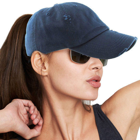 Navy Distressed Baseball Cap, Navy Vintage Ponytail Baseball Cap, comfy vintage cap great for a bad hair day, pull your bun or ponytail thru the back opening, great for keeping your hair away from face while exercising, running, playing sports or just taking a walk. Perfect Birthday Gift, Mother's Day Gift, Anniversary Gift, Thank you Gift, Graduation