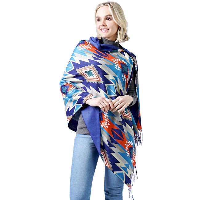 Navy Western Doublesided Shawl Poncho. This timeless doublesided Poncho is Soft, Lightweight and Breathable Fabric, Close to Skin, Comfortable to Wear. Sophisticated, flattering and cozy, this Poncho drapes beautifully for a relaxed, pulled-together look. Suitable for Weekend, Work, Holiday, Beach, Party, Club, Night, Evening, Date, Casual and Other Occasions in Spring, Summer and Autumn.
