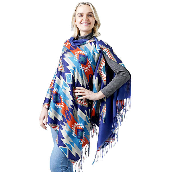 Navy Western Doublesided Shawl Poncho. This timeless doublesided Poncho is Soft, Lightweight and Breathable Fabric, Close to Skin, Comfortable to Wear. Sophisticated, flattering and cozy, this Poncho drapes beautifully for a relaxed, pulled-together look. Suitable for Weekend, Work, Holiday, Beach, Party, Club, Night, Evening, Date, Casual and Other Occasions in Spring, Summer and Autumn.