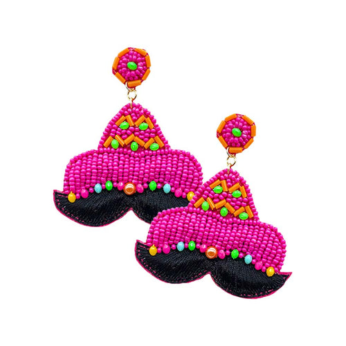 Felt Back Seed Beaded Hat Mustache Dangle Earrings - Neon Pink