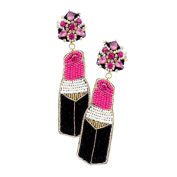 Neon Pink Felt Back Seed Beaded Lipstick Dangle Earrings, Seed Beaded lipstick dangle earrings fun handcrafted jewelry that fits your lifestyle, adding a pop of pretty color. Enhance your attire with these vibrant artisanal earrings to show off your fun trendsetting style. Lightweight and comfortable for wearing all day long. Goes with any of your casual outfits and Adds something extra special. Great gift idea for your Loving One.