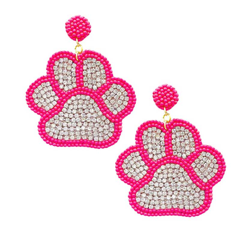 Neon Pink Felt Back Seed Beaded Trimmed Bling Paw Dangle Earrings, Seed Beaded Trimmed Bling Paw Dangle earrings fun handcrafted jewelry that fits your lifestyle, adding a pop of pretty color. Enhance your attire with these vibrant artisanal earrings to show off your fun trendsetting style. Great gift idea for Wife, Mom, or your Loving One.