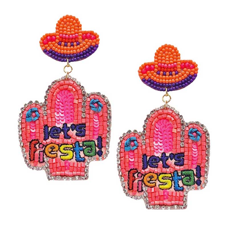 Neon Pink Lets Fiesta Felt Back Sequin Beaded Cactus Dangle Earrings. Are you ready for a fiesta? These eye-catching earrings put people into a fiesta state of mind. With fun beads and a colorful, Cactus fiesta charm, these earrings will get attention and are sure to make people smile and think of celebrating. Surprise your loved ones on this Cinco de Mayo gatherings, Mardi Gras celebrations and more. 