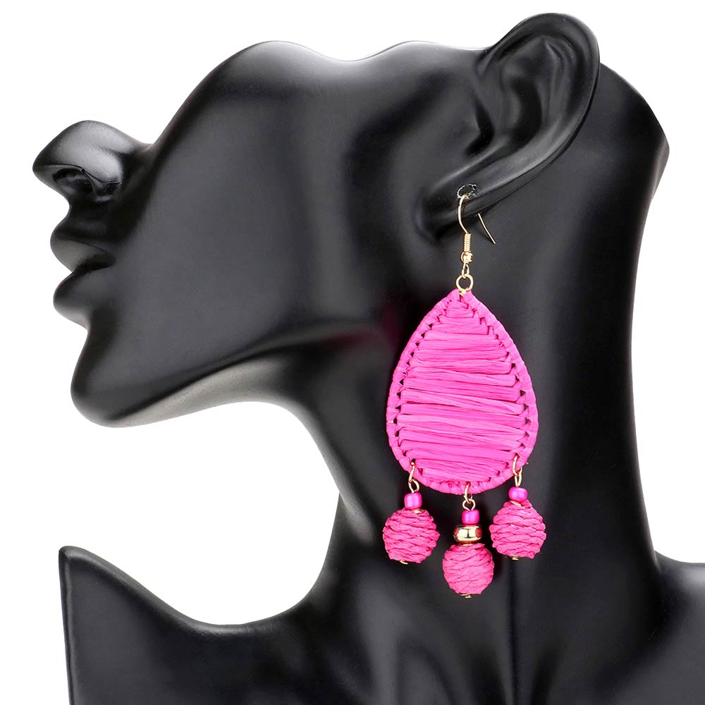 Neon Pin k Raffia Wrapped Teardrop Triple Ball Link Dangle Earrings, enhance your attire with these beautiful raffia-wrapped teardrop earrings to show off your fun trendsetting style. Can be worn with any daily wear such as shirts, dresses, T-shirts, etc. These triple-ball link dangle earrings will garner compliments all day long. 