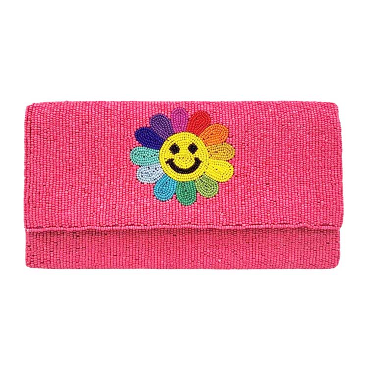 Neon Pink Smile Flower Accented Seed Beaded Clutch Crossbody Bag, Look like the ultimate fashionista when carrying this small Clutch bag, great for when you need something small to carry or drop in your bag. Keep your keys handy & ready for opening doors as soon as you arrive. Perfect Birthday Gift, Anniversary Gift, Mother's Day Gift or any other events. This clutch bag is great for weekend outings, various parties, and so on.