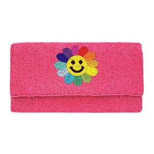 Neon Pink Smile Flower Accented Seed Beaded Clutch Crossbody Bag, Look like the ultimate fashionista when carrying this small Clutch bag, great for when you need something small to carry or drop in your bag. Keep your keys handy & ready for opening doors as soon as you arrive. Perfect Birthday Gift, Anniversary Gift, Mother's Day Gift or any other events. This clutch bag is great for weekend outings, various parties, and so on.