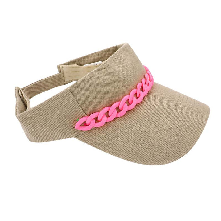 Neutral Pink Chain Band Visor Hat, Keep your styles on even when you are relaxing at the pool or playing at the beach. Large, comfortable, and perfect for keeping the sun off of your face, neck, and shoulders Perfect summer, beach accessory. Ideal for travelers who are on vacation or just spending some time in the great outdoors.