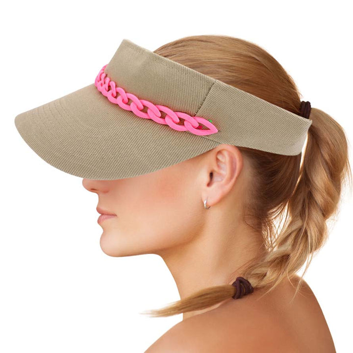 Neutral Pink Chain Band Visor Hat, Keep your styles on even when you are relaxing at the pool or playing at the beach. Large, comfortable, and perfect for keeping the sun off of your face, neck, and shoulders Perfect summer, beach accessory. Ideal for travelers who are on vacation or just spending some time in the great outdoors.