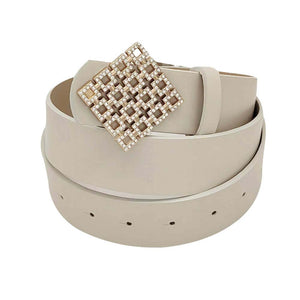 Neutral Rhinestone Embellished Square Buckle Faux Leather Belt, These square rhinestone belts have the versatility you may need. Western-style engraved rhinestone buckle set; The buckle, keeper, and tip all have sparkling rhinestones. This square rhinestone belt fits in perfectly on many occasions and adds sparkle to any outfit. Faux leather feels soft and comfortable in daily dress or work. A good match for a blouse, dress, skirt, jeans or sweater.