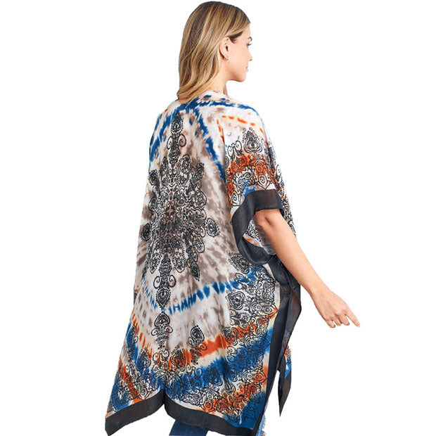Neutral Tie Dye Boho Printed Cover Up Kimono Poncho, The lightweight poncho top is made of soft and breathable Polyester material. short sleeve swimsuit cover up with open front design, simple basic style, easy to put on and down. Perfect Gift for Wife, Mom, Birthday, Holiday, Anniversary, Fun Night Ou